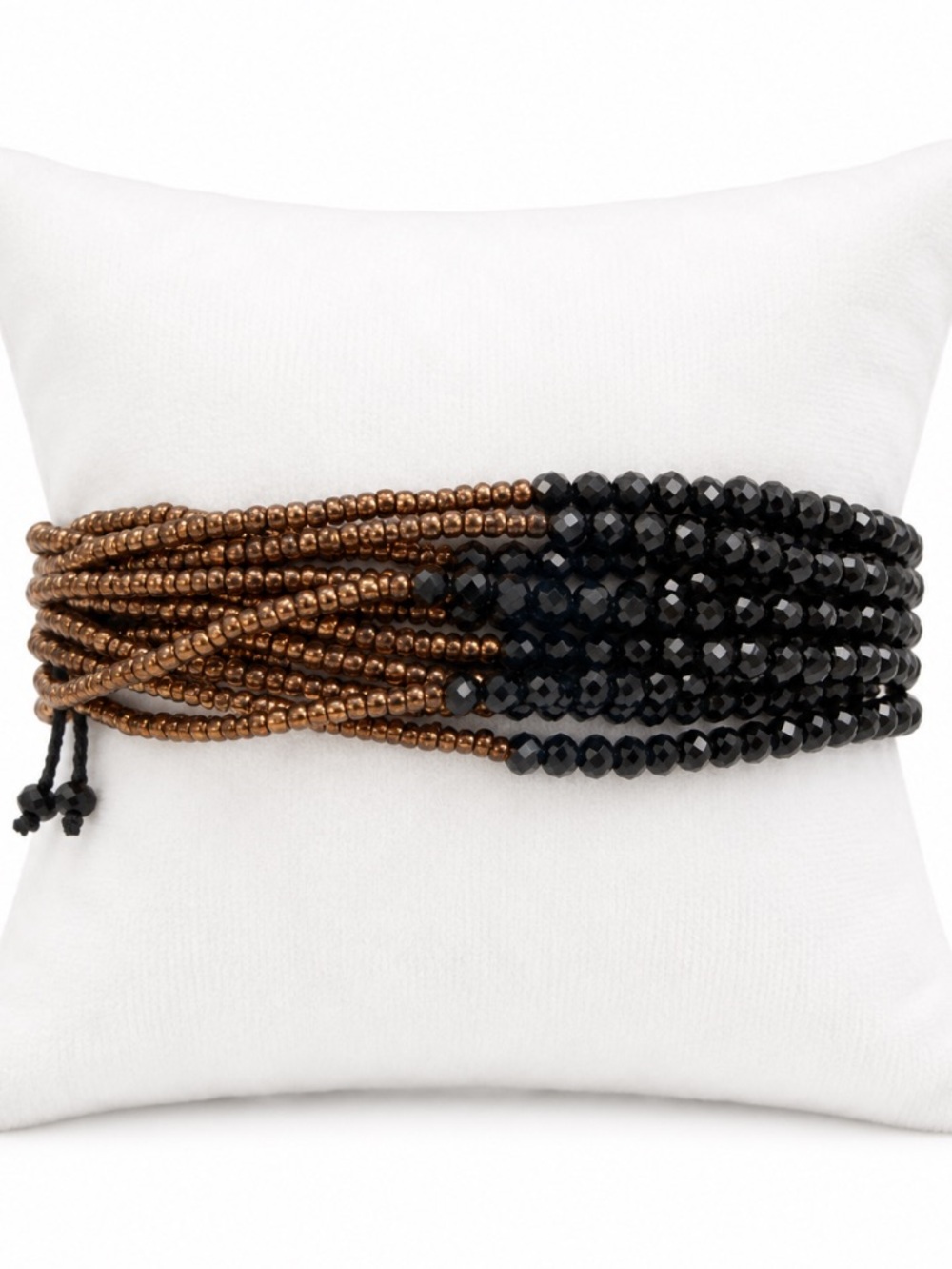 Black Faceted Bead & Bronze Multi-Strand Statement Adjustable Bracelet